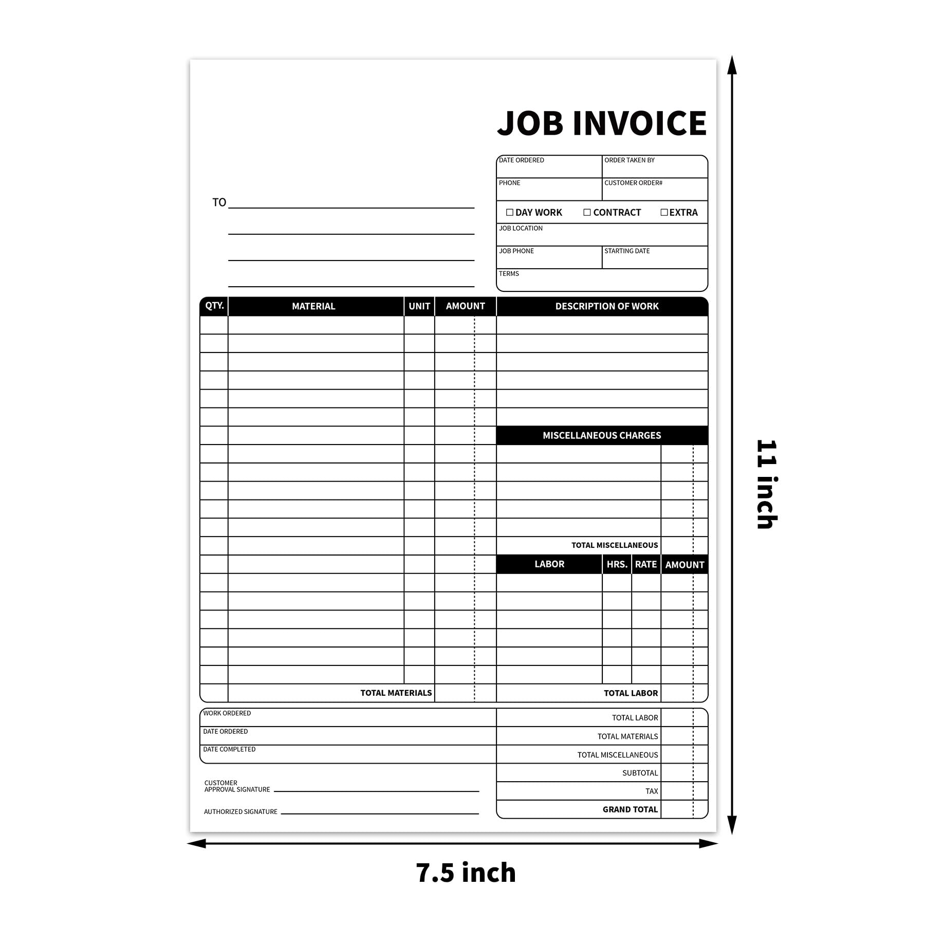 Formularios De Factura Trabajo Autocopiativos, Pulgadas, 2 Partes Con Copia Al Carbono, 50 Juegos Tablero Trasero (1), 7.5 X 11
