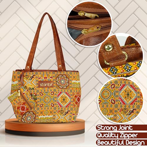 Image of Storite Women's Tote Bag with Leather Handles & Embroidery Printed Handbag with Zip Pockets, Shoulder Tote Bag and Handbag for Office and College