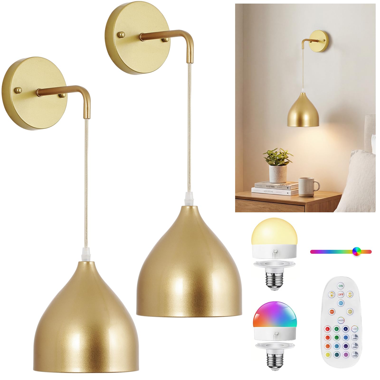 MeoYlaery Battery Operated Wall Lights Indoor,Wireless Wall sconces with Remote Control,Rechargeable LED Wall Lights Dimmable,Cordless Gold Wall lamp for Bedroom Living Room Hallways Stairwells.