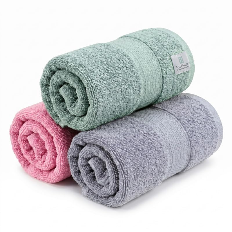Image of TowelWala Hand Towel 550 GSM Soft Absorbent Quick Dry (Pink /Grey /Green) | Premium 550 GSM cotton with woven border-quick drying and perfect for bathroom, kitchen, gym, and travel.