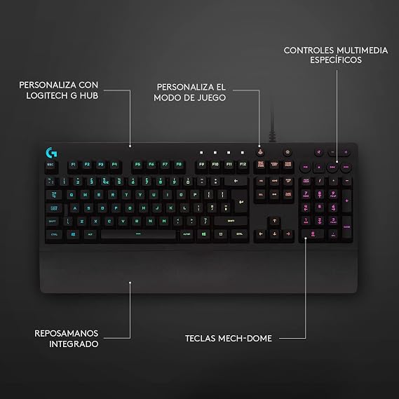 Logitech G 213 Prodigy English Gaming Keyboard, RGB LIGHTSYNC, Backlit Keys, Splash Resistant, Customizable Keys, Dedicated Multimedia Controls - Black