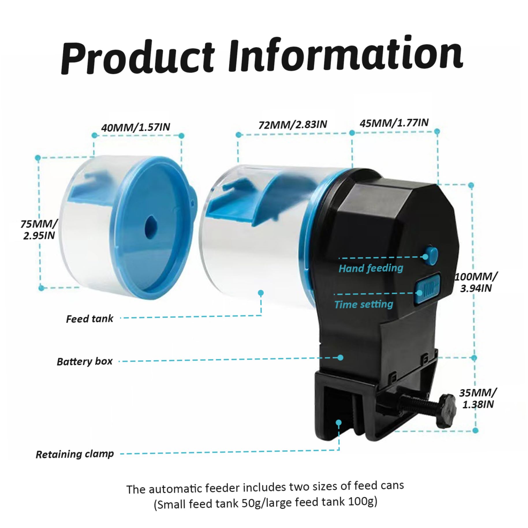 Automatic Fish Feeder 210 ＆ 100ML Feeder 8/12/24 H Timer Battery Operated Food Vacation Automatic Dispenser for Fish Tank, Aquariums & Pond Blue. - image 2