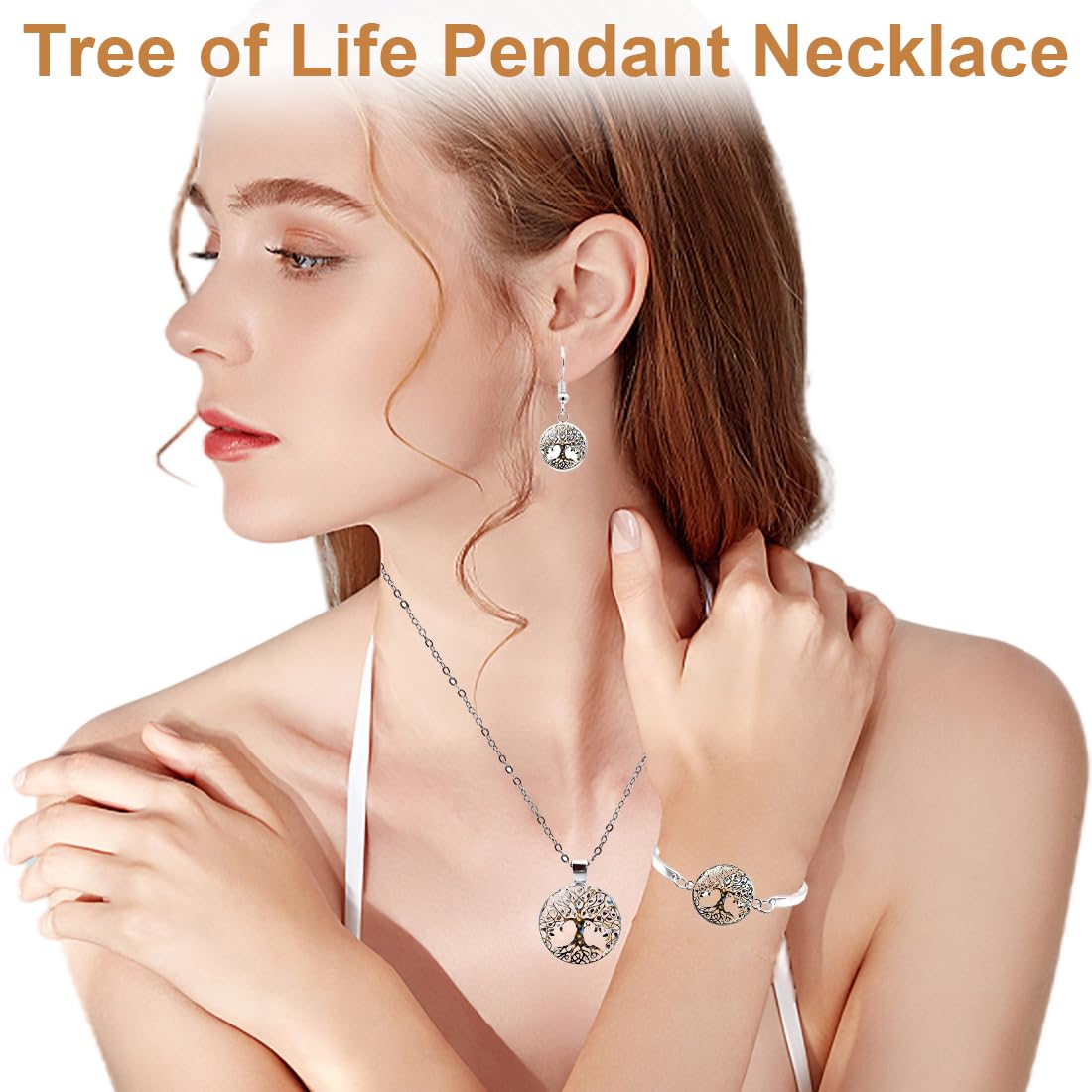 Parure De Bijoux Fantaisie Femme : Collier, Bracelet, Boucles D'oreilles Croix Arbre De Vie - Acier Inoxydable Argenté Ou Doré