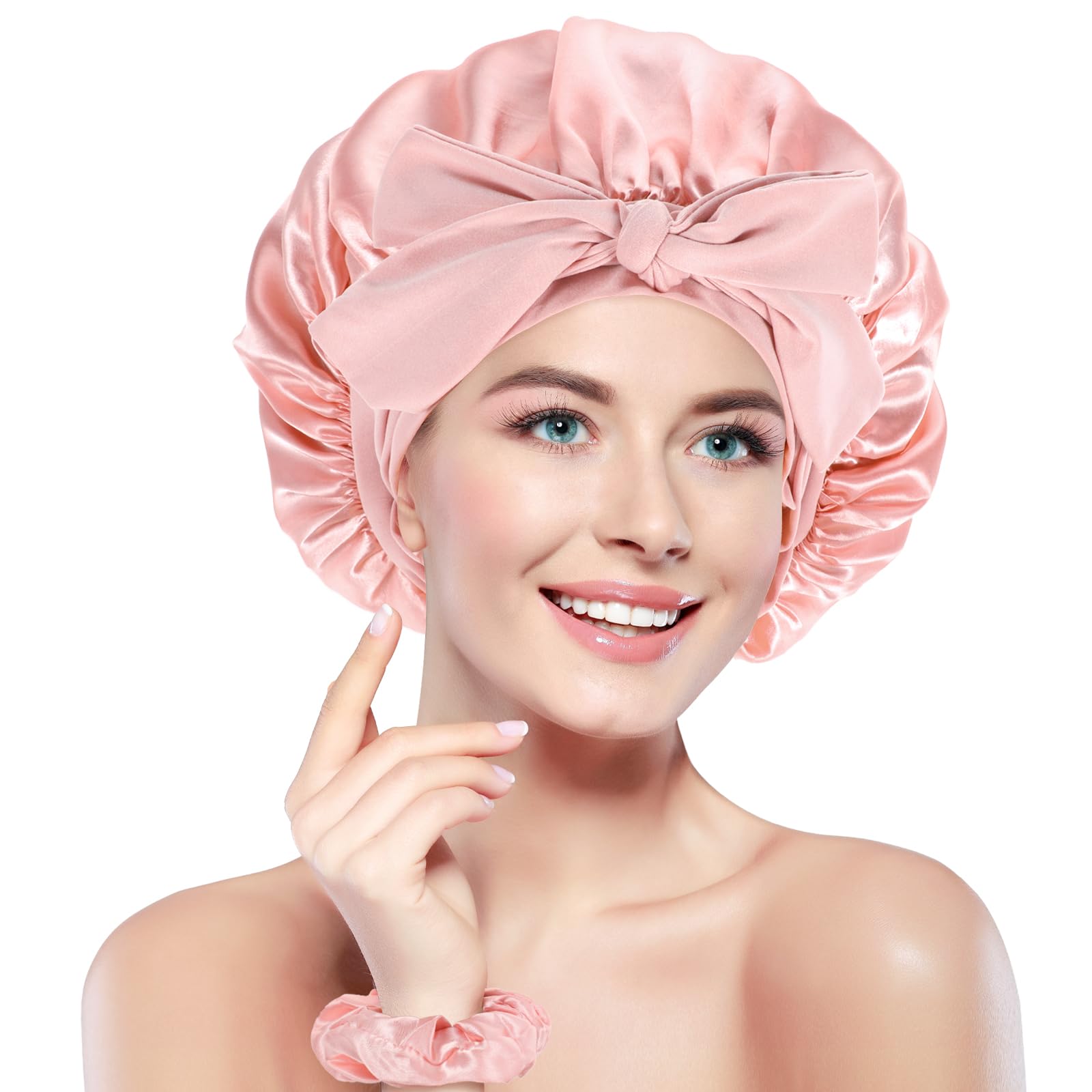 Oruola 1pcs Silk Hair Bonnet for Sleeping,Satin Hair Bonnet,Pink Sleep Bonnets with Elastic Tie Band for Women,Adjustable Silk Bonnets for Sleeping Curly Hairs with Satin Hairband,Pink