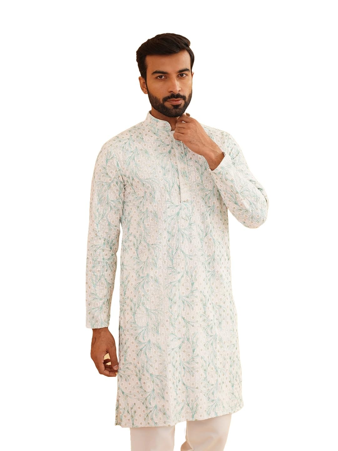 Sojanya (Since 1958 Men's Cotton Gold Sequinned Embroidered White & Green Long Kurta