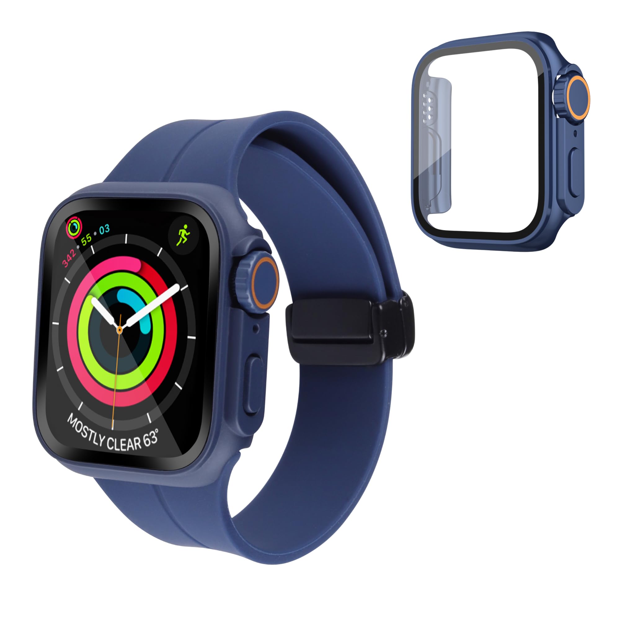 OBJECT GEEK Smart Watch Strap 45mm for Men & Women, Apple Watch Strap + Watch Case for iwatch Series 4, 5, 6, 7, 8, 9, SE, & SE 2nd Gen, Silicone iwatch strap, Sports Watch - Blue-image-2
