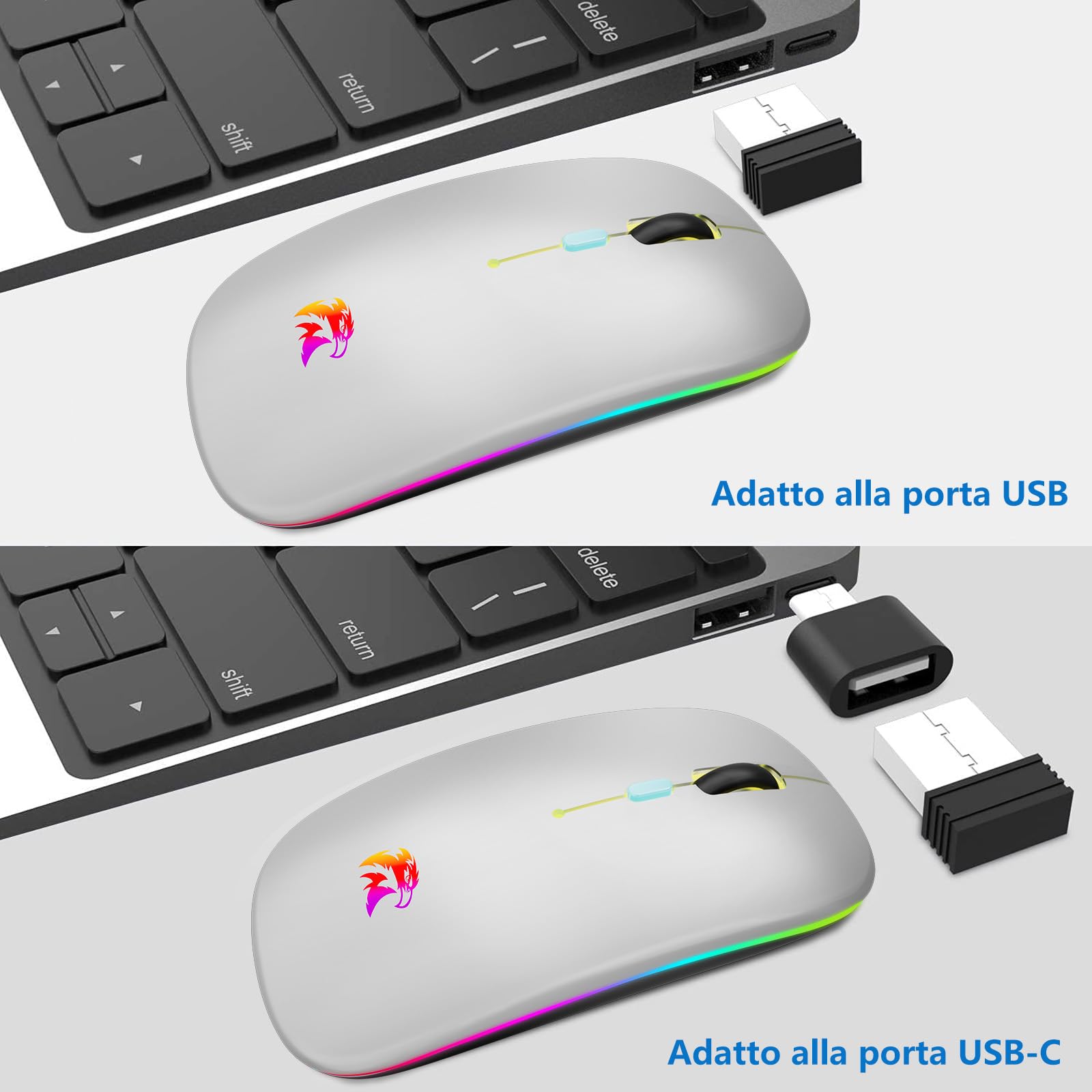 Mouse Wireless Ricaricabile, Mouse Bluetooth e 2,4 GHz Con Mini Ricevitore USB, 1600 DPI Mouse Senza Fili, Silenzioso, Mauser Wireless Compatibile Con Apple, Mac, PC, Laptop, Windows