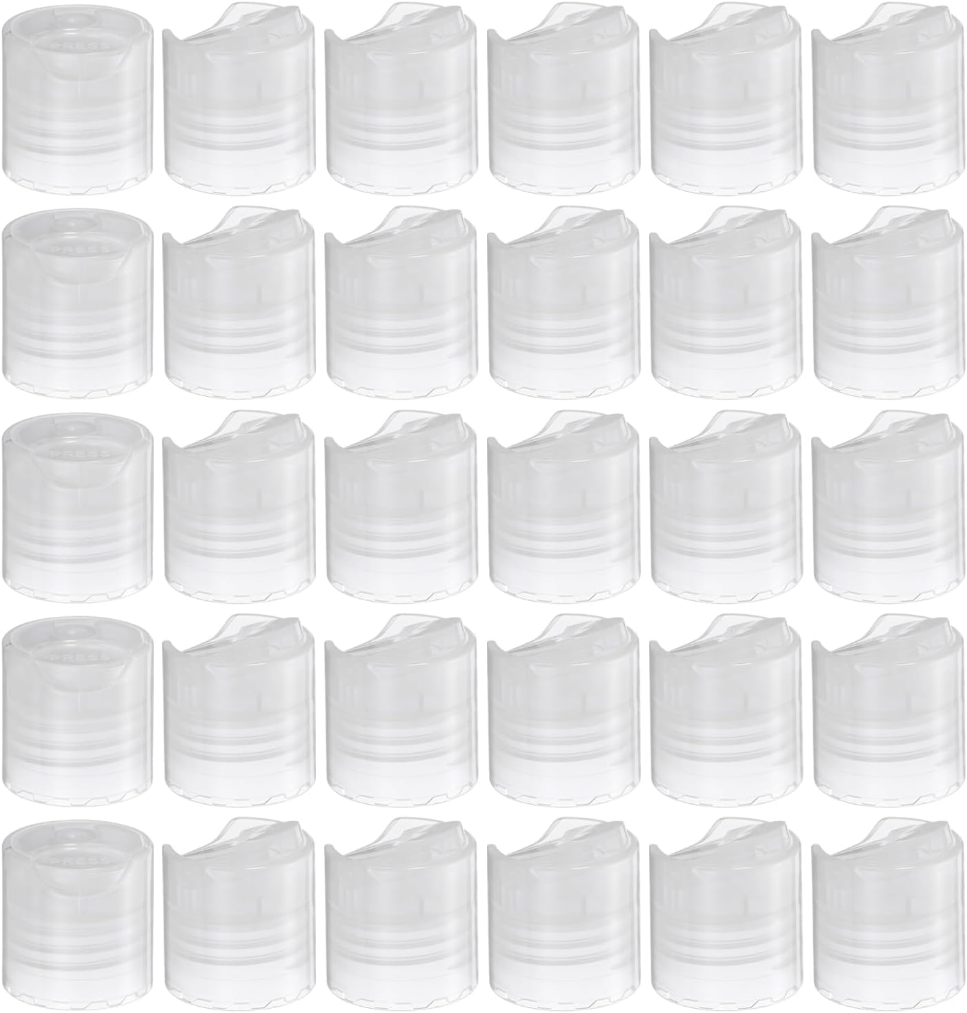 Uxcell 30pcs PP Plastic Disc Top Caps, 24/410 Replacement Press Caps, Durable Dispensing Lids for Squeeze Bottles, Refillable Bottles, Clear