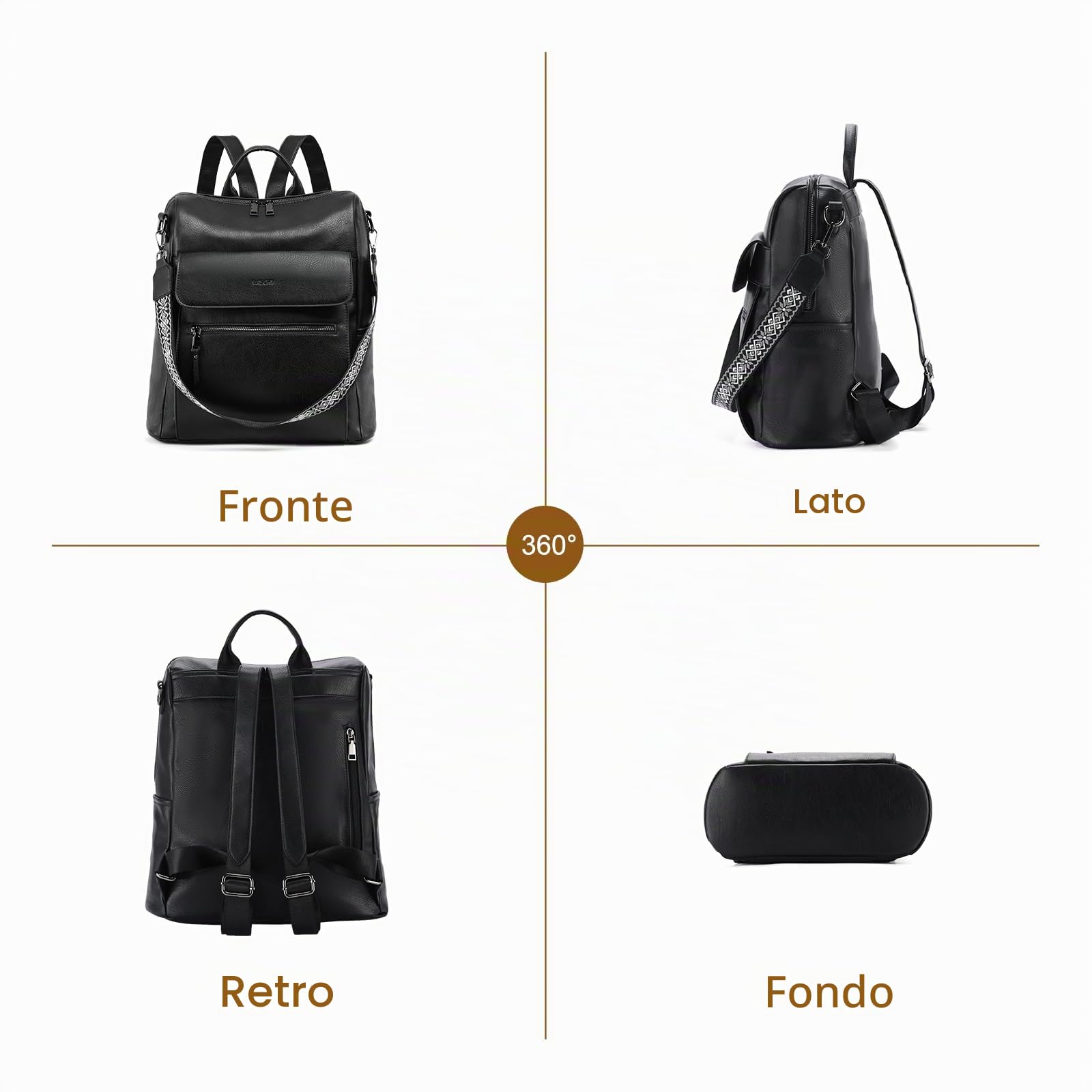 VASCHY Zaino Donna con Portafoglio,Zainetto Donna Pelle Borsa Zaino Donna Elegante Zaini da Donna Grande Zaino da Viaggio/Lavoro/Scuola/Università Nero