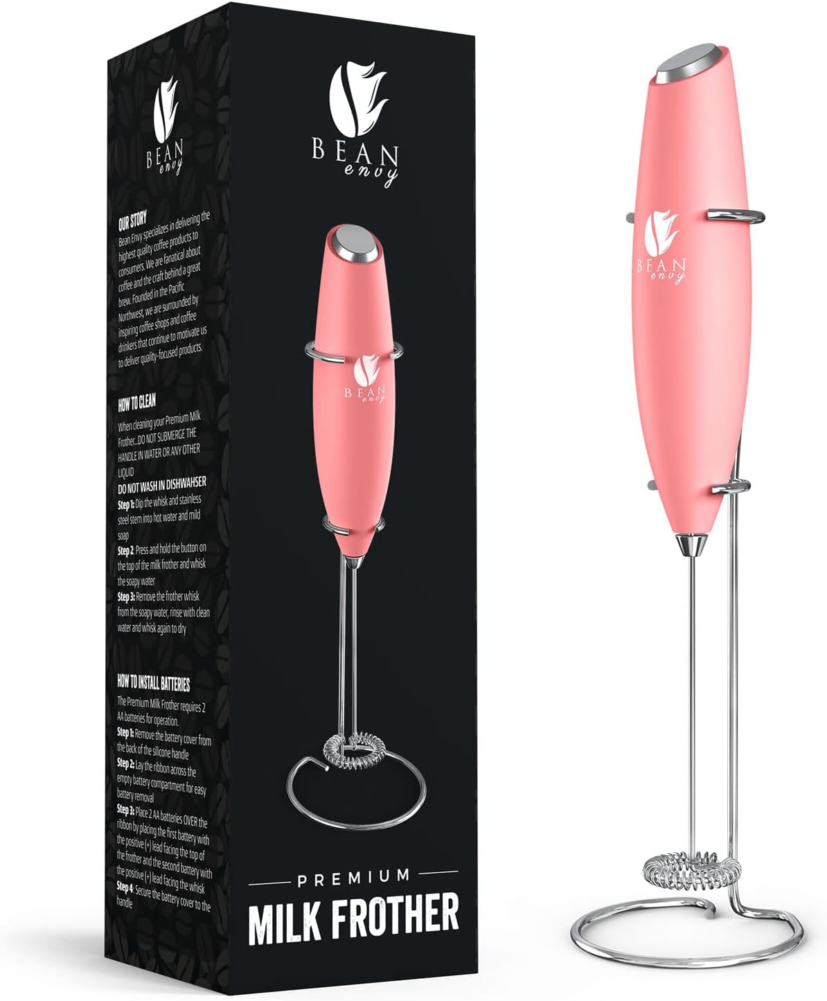 Bean EnvyMilk Frother for Coffee - Handheld, Mini Electric Drink Mixer, Foamer & Frother with Stand for Coffee, Lattes, Hot Chocolates and Shakes - Rose Pink