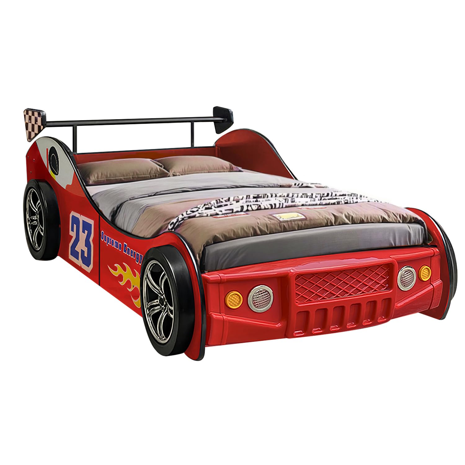 LKTART Twin Size Car Bed for Kids, Race Car-Shaped Wooden Platform Bed Frame with Headboard Wheels and Support Slats for Boys Toddlers Child's Bedroom