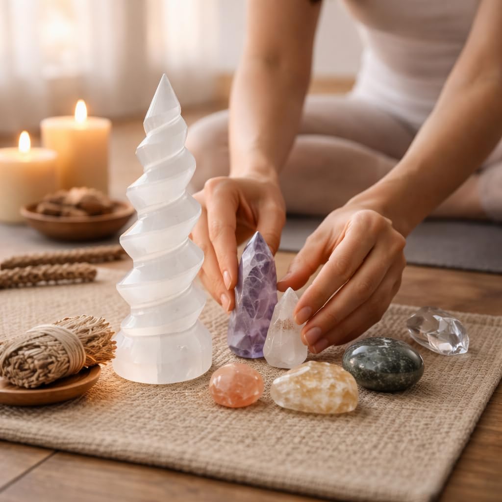 NKlaus Torre de selenita en espiral, 14 cm, piedra curativa para meditación, equilibrio de chakras y energía espiritual, decoración elegante y piedra protectora