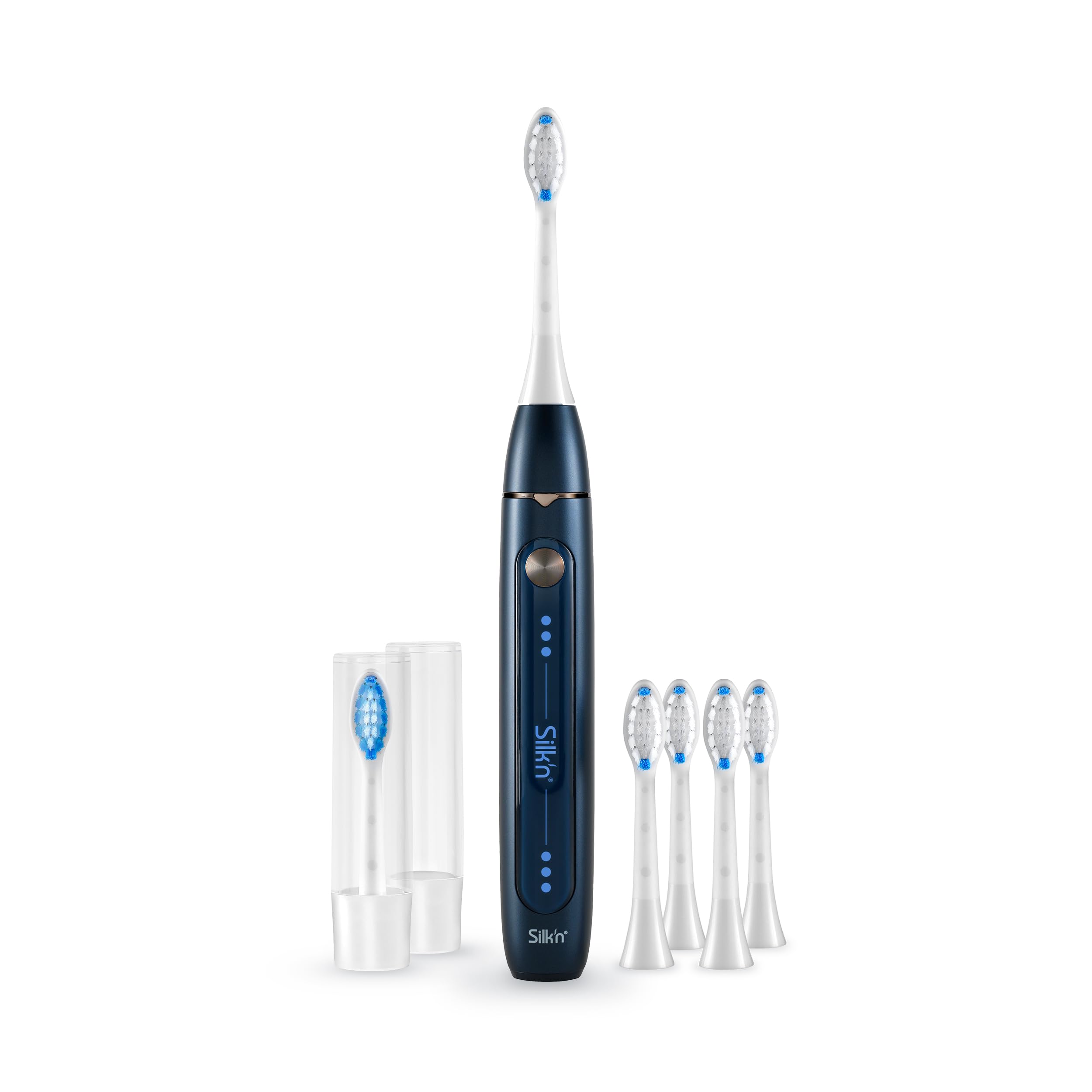 Silk'n Set de cepillo de dientes eléctrico con set de repuesto - SonicYou and Refill Set - con paquete de 4 cabezales de cepillo blancos - Idea de regalo - Azul oscuro
