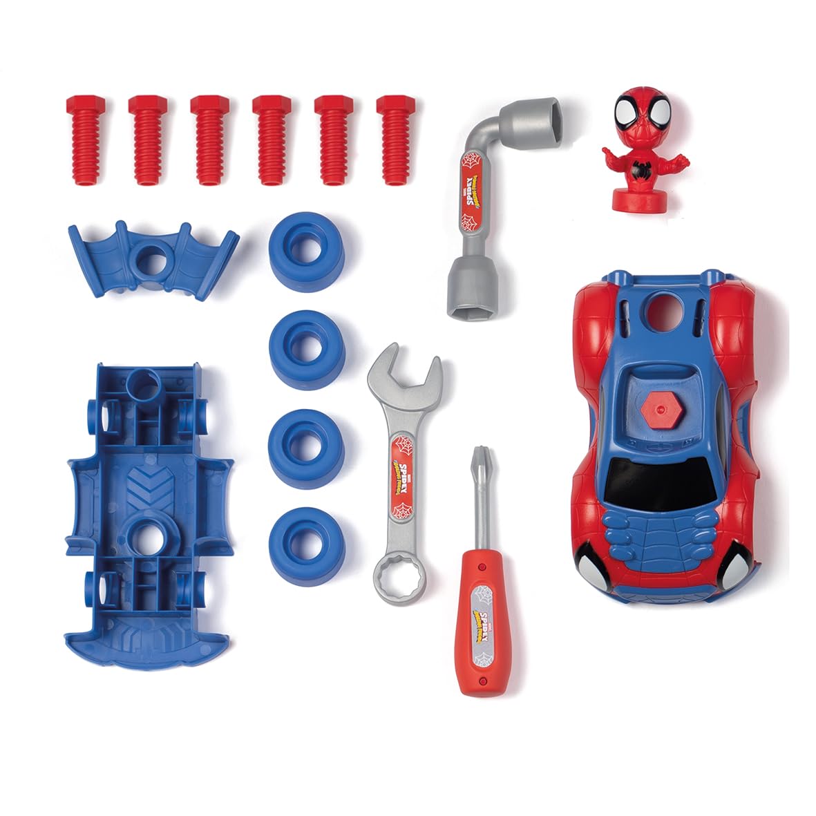Smoby - Valigetta degli attrezzi di Spidey, 7600360905, +3 anni, 17 accessori inclusi, auto Spidey da costruire, personaggio Spidey