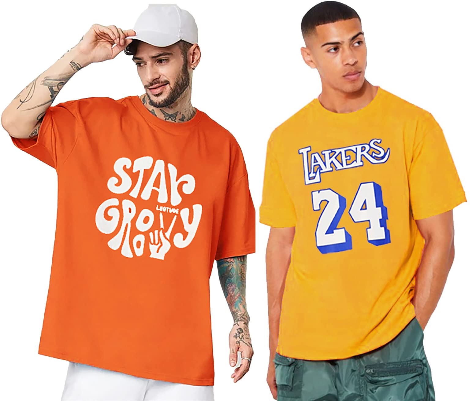 LEOTUDEMen's Cottonblend Half Sleeve Drop Shoulder Printed Combo Regular Fit T-shirt (Pack Of 2)