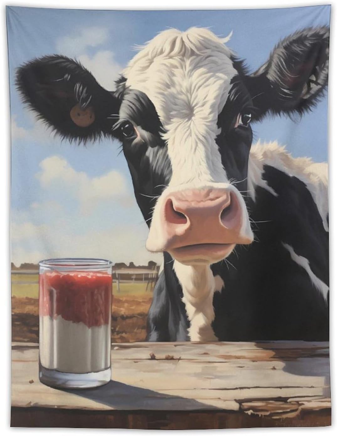 Moo Cow and Milk Printed Tapestry Wall Hanging Poster Vertical Artwork for Home Bedroom Living Room Decorative