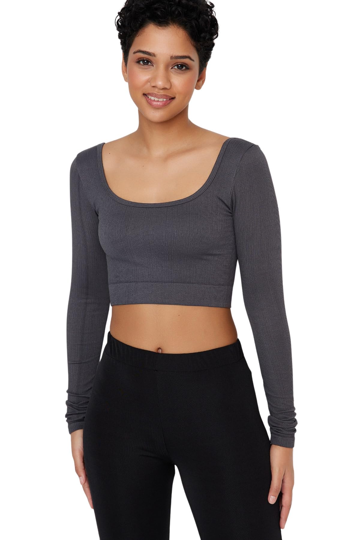 Trendyol Women's Straight Long Sleeves Fitted The Blouse, Anthracite, XS/S