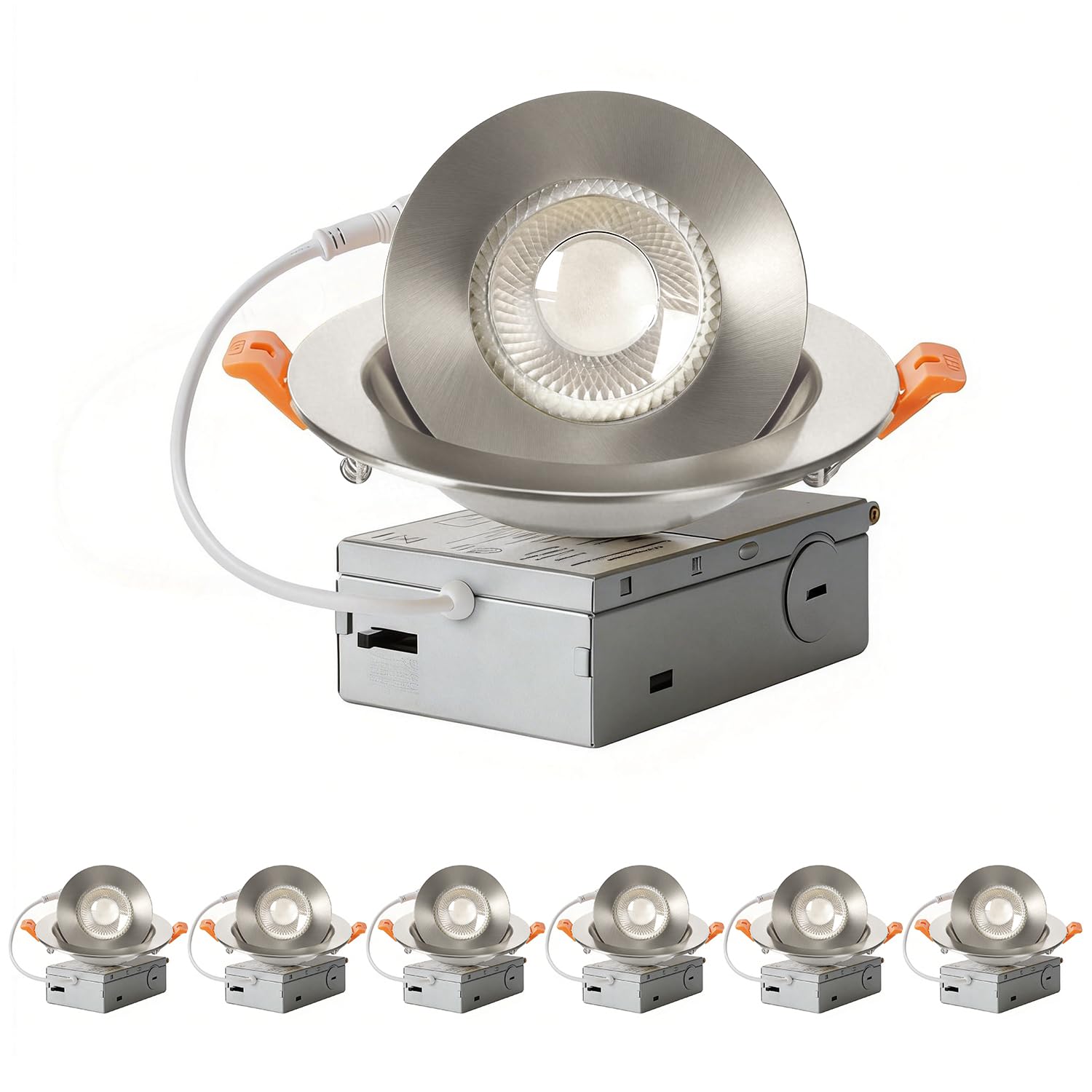ZYC Gimbal LED Recessed Lighting - 4 Inch 5CCT 9W 360° Rotation Adjustable Eyeball Light,LED Swivel Spotlight,Dimmable Canless Wafer Downlight Pack of 6 Brushed Nickel.