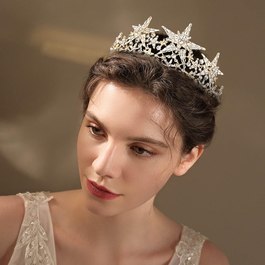 Woeoe Tiara da donna in cristallo con strass dorati, diadema da regina e corona da principessa tiara per costume da festa di compleanno accessori per capelli, METALLO