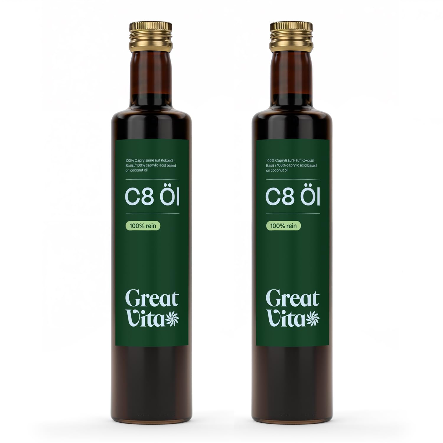 GreatVita C8-Öl, auf Kokosöl Basis, (2x 500ml) MCT Öl in Glasflasche, Caprylsäure, Keto - Aufdruck kann variieren