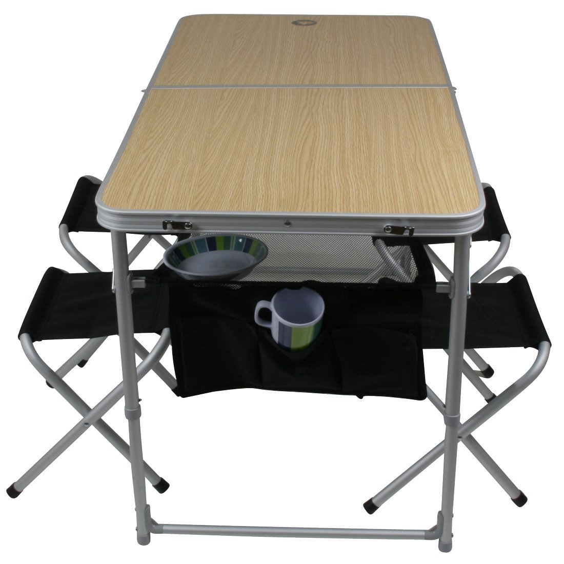 10T Ultraleichtes Tisch-Hocker-Set: 4-Personen Alu Campingtisch mit Klapptechnik für Picknick & Outdoor mit 4 Sitz-Hockern