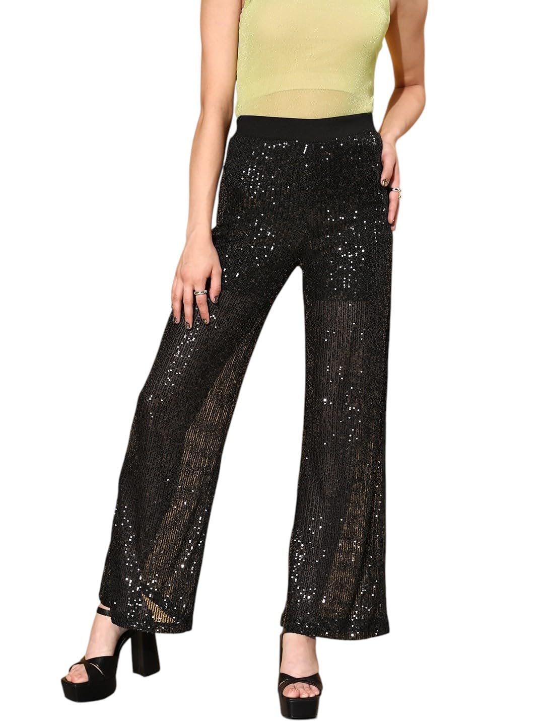SASSAFRAS Women's Sequin Party Straight Pants in neutral