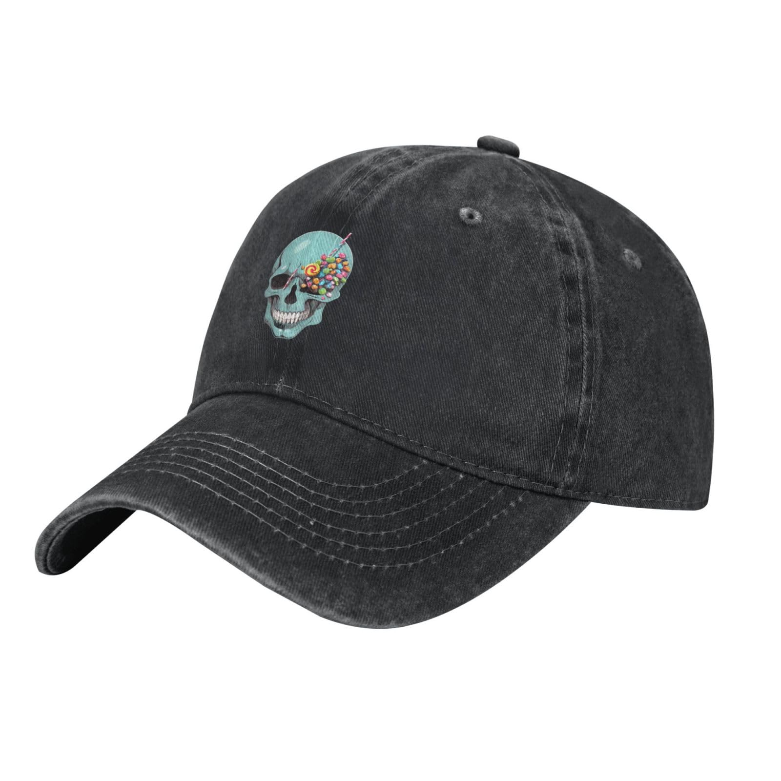 Mkgohlg Women's Black Skull Candy Printed Washed Cowboy Baseball Cap For Adults - Stylish And Breathable Hat, One Size