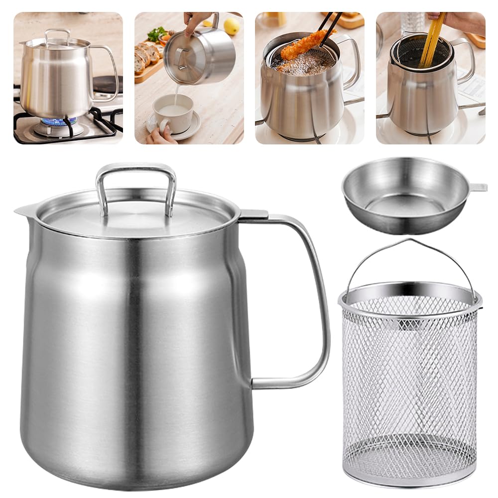 Stainless Steel Oil Filter Pot 2L, Contenitore per Grasso con Filtro a Maglia Fine e Coperchio, Bacon Grease Container, Large Capacity Versatile Oil Filter Pot per Conservare Olio da Frittura