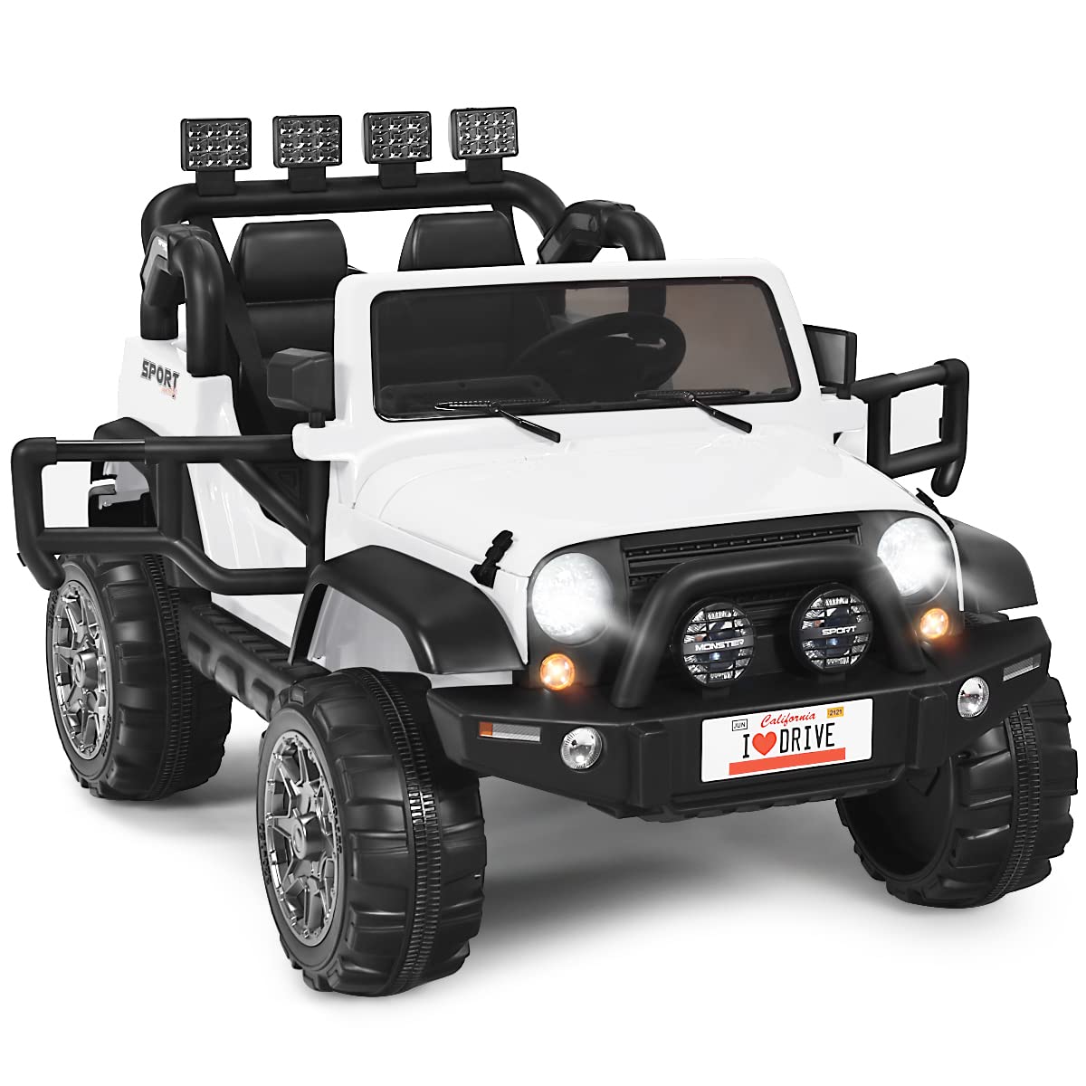 COSTWAY 12V Electric Ride on Car, 2-Seater Battery-powered Truck with Remote Control, LED Lights, Music, Horn, USB/TF/AUX, 4 Suspension Wheels Vehicle Toy for Boys Girls (White)