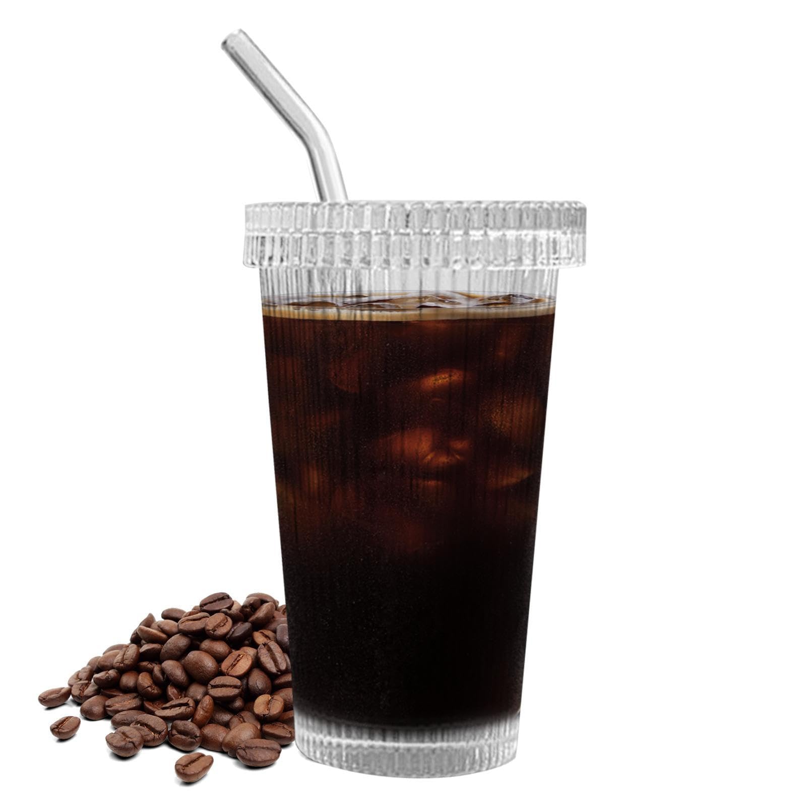 Bicchieri a coste - Caffè ghiacciato in vetro con coperchio e cannuccia - Bicchieri per alimenti, per bar caffè, bicchieri portatili da 375 ml per tè, bibite, birra, cocktail, whisky, acqua