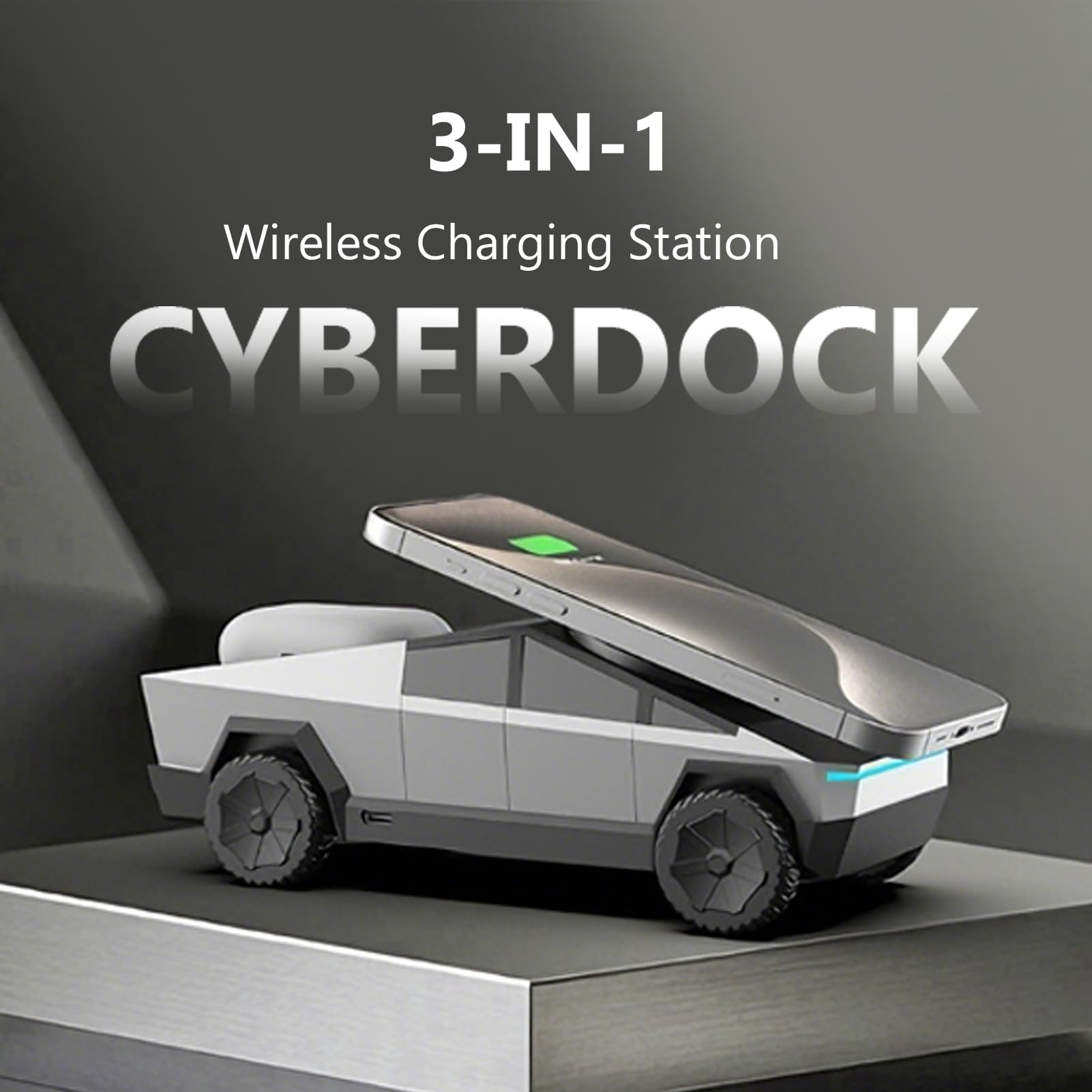 Cyberdock Supporto di Ricarica Magnetico 3 in 1 per Smartphone IOS, Modello di Auto in Scala 1:25, Caricatore Wireless Veloce Certificato QI con Luce Ambientale (SILVER)