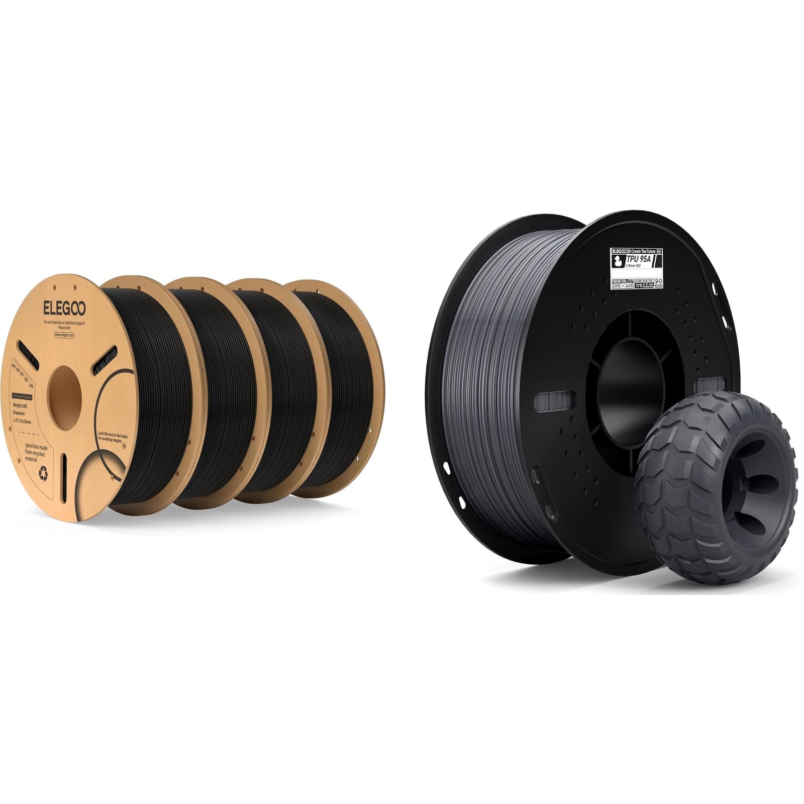ELEGOO PLA Filament Noir 4KG & TPU 95A Filament Gris 1KG 1.75mm
