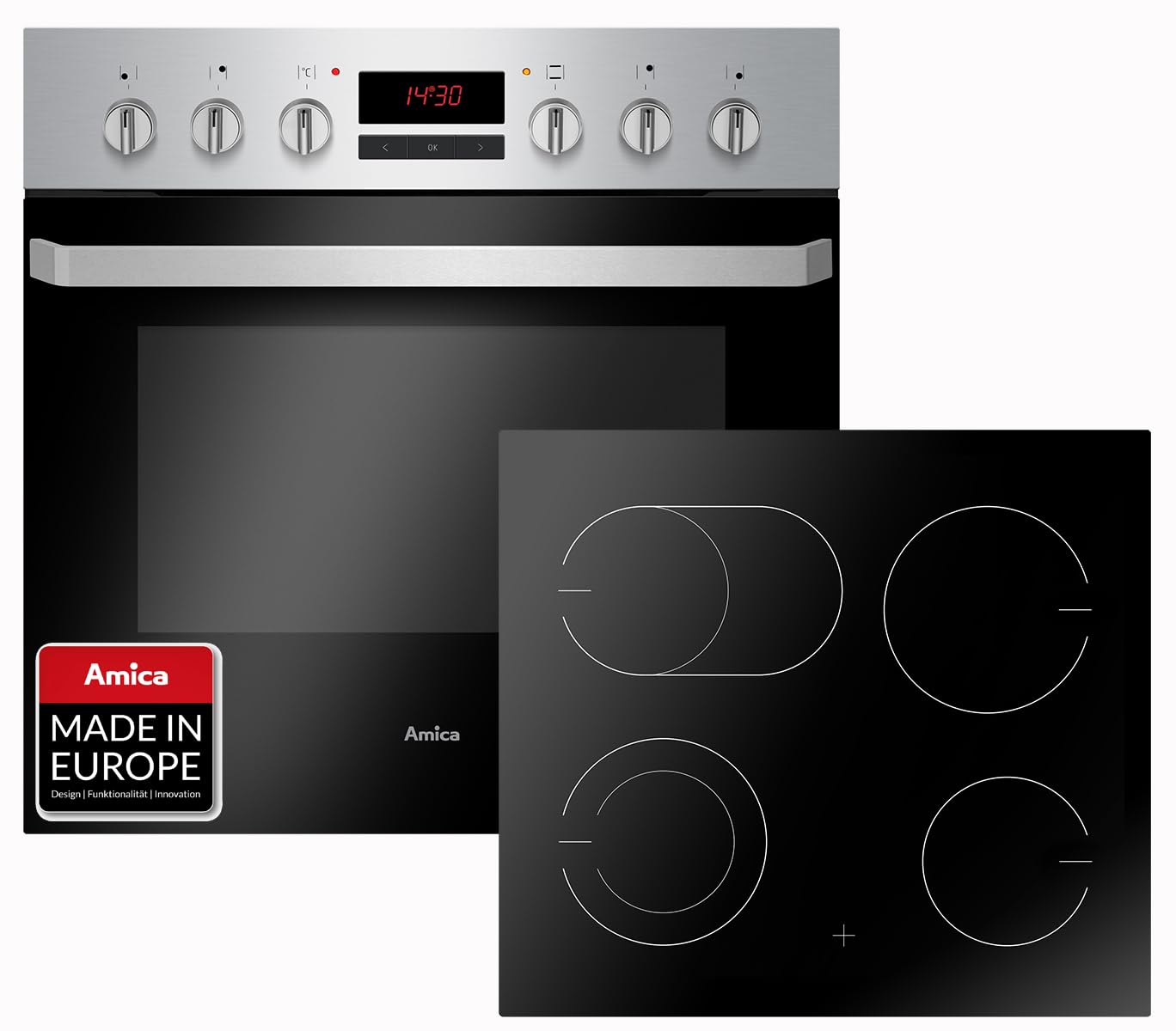 Amica EHC 933 015 E Einbauherd Set Backofen mit Grill Umluft Glaskeramik Kochfeld Zweikreis Bräterzone Timer Steam Clean