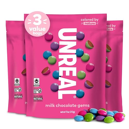 UNREAL Gemas de chocolate con leche Certificado de comercio justo, sin OMG Fabricado con ingredientes y colores sin gluten de la naturaleza Sin