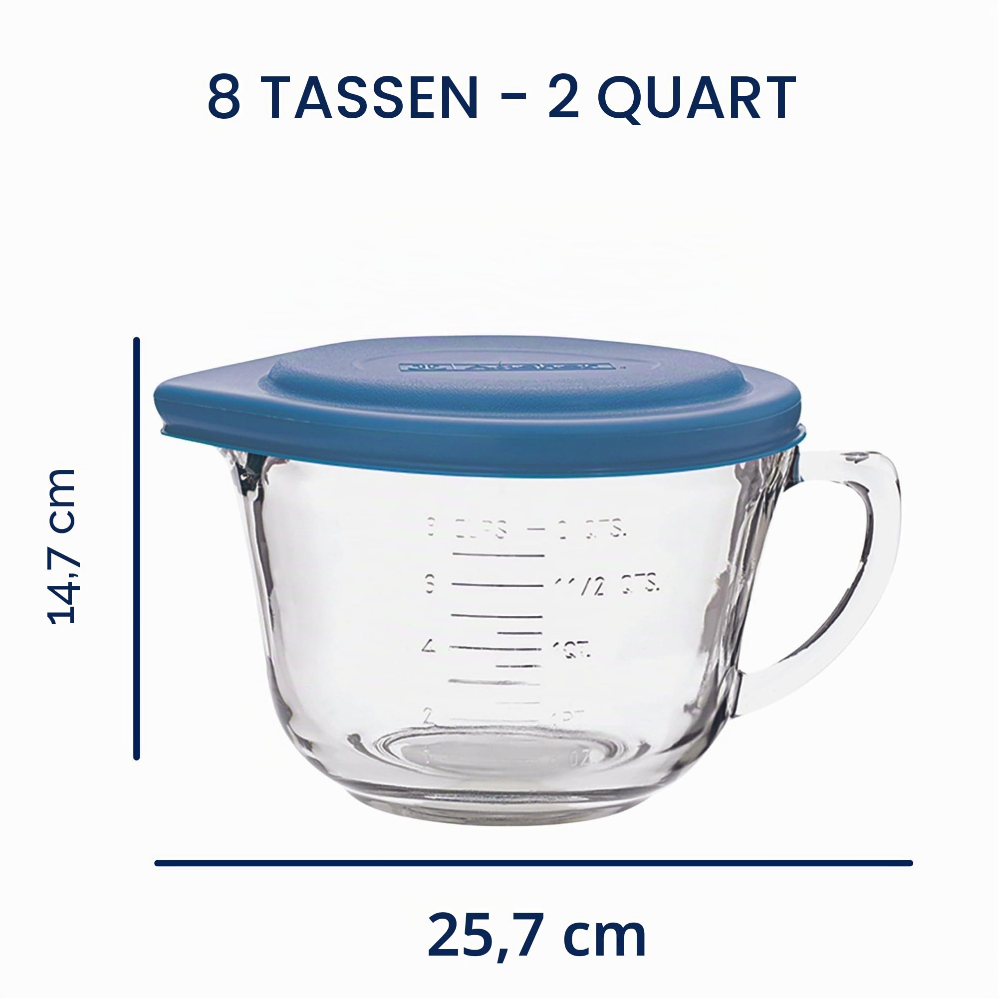 Anchor Hocking Messbecher Glas 1,9 L, mit Deckel, Ausguss und Griff, Blau