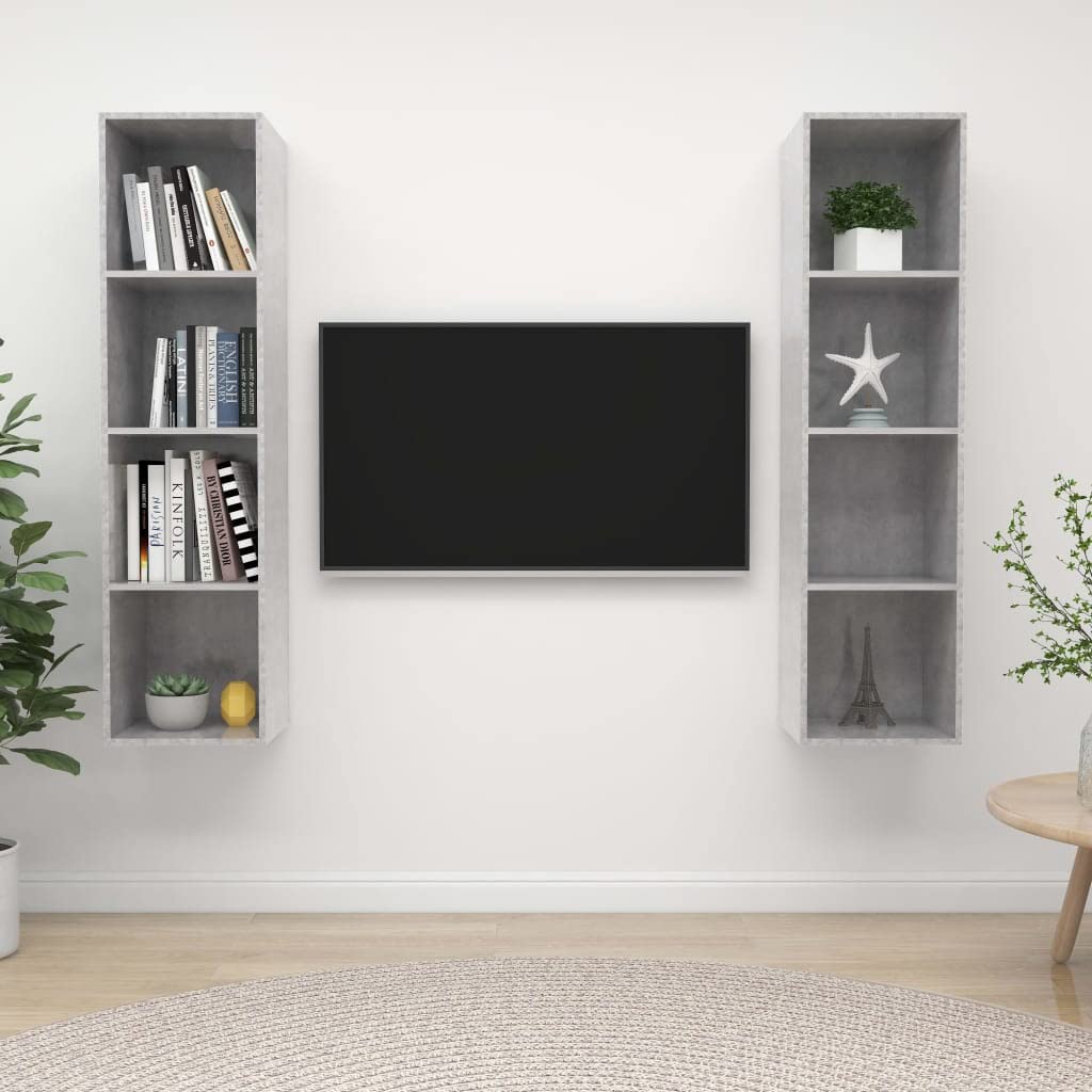 Meubles TV muraux gris béton en bois d'ingénierie ensemble de 2 pièces avec étagère salon
