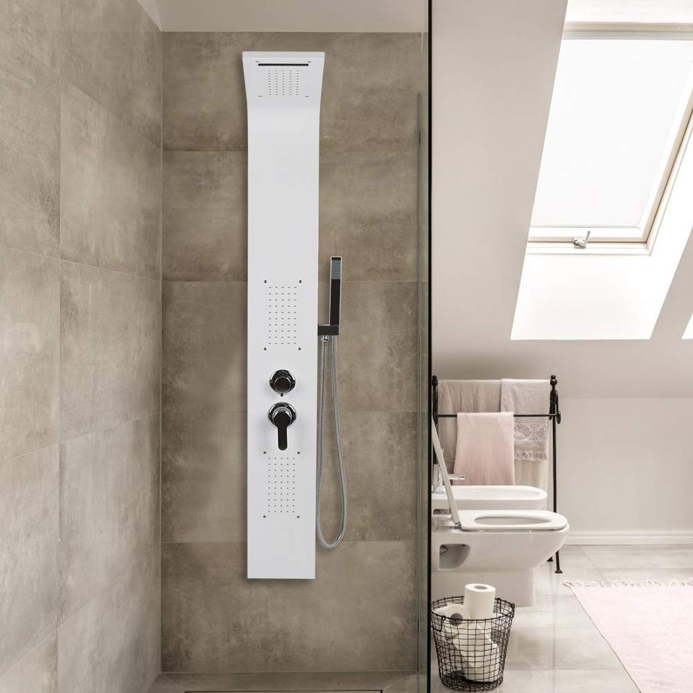 Columna de ducha, juego de barra de ducha, sistema de ducha de acero inoxidable cepillado, panel de ducha con ducha de lluvia y ducha de mano (blanco, 140 x 20 x 47 cm)
