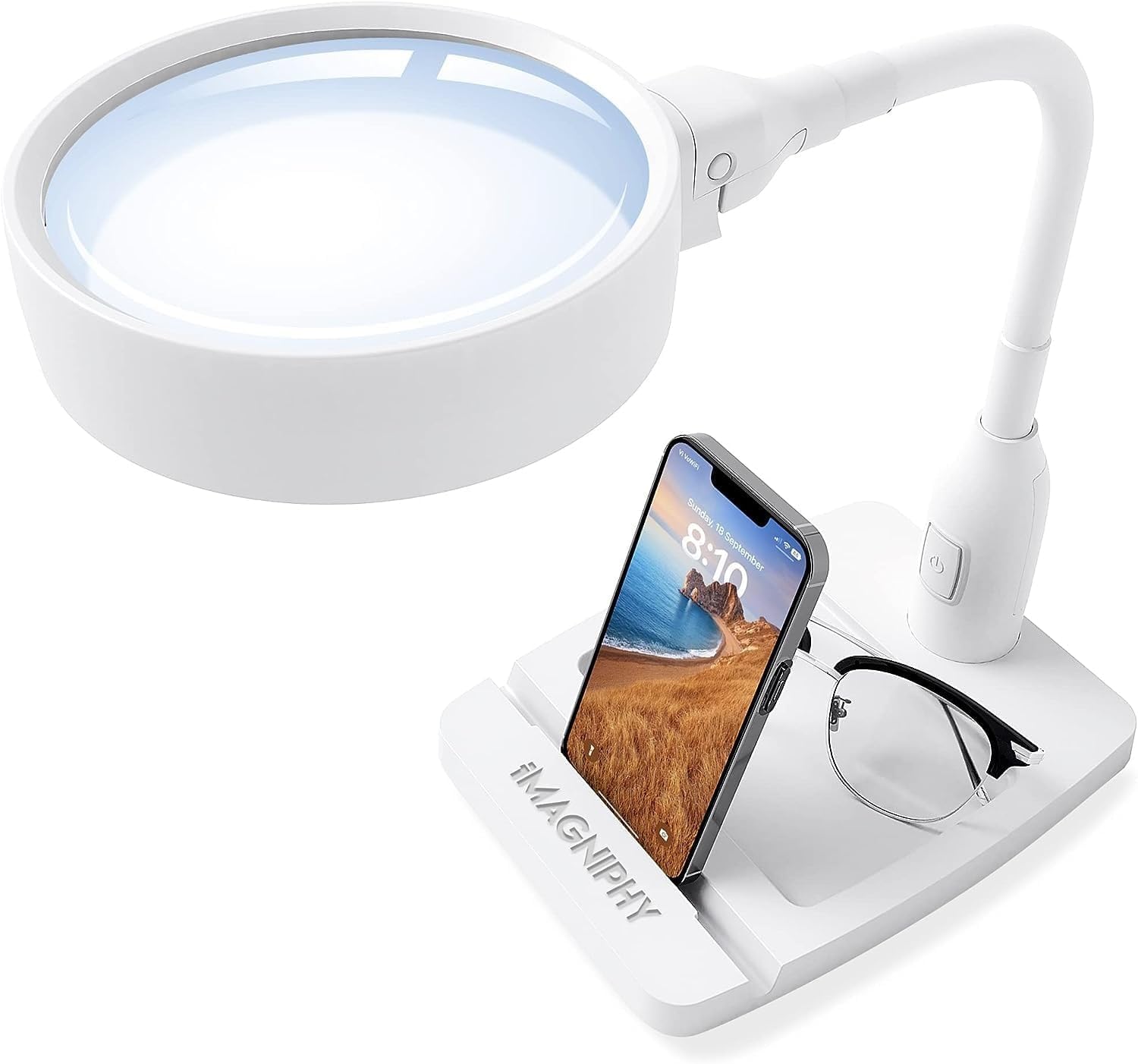 iMagniphy 8X Desktop Magnifying Glass with Powerful LED Light, Extra Large 5.5 Inch Lens and