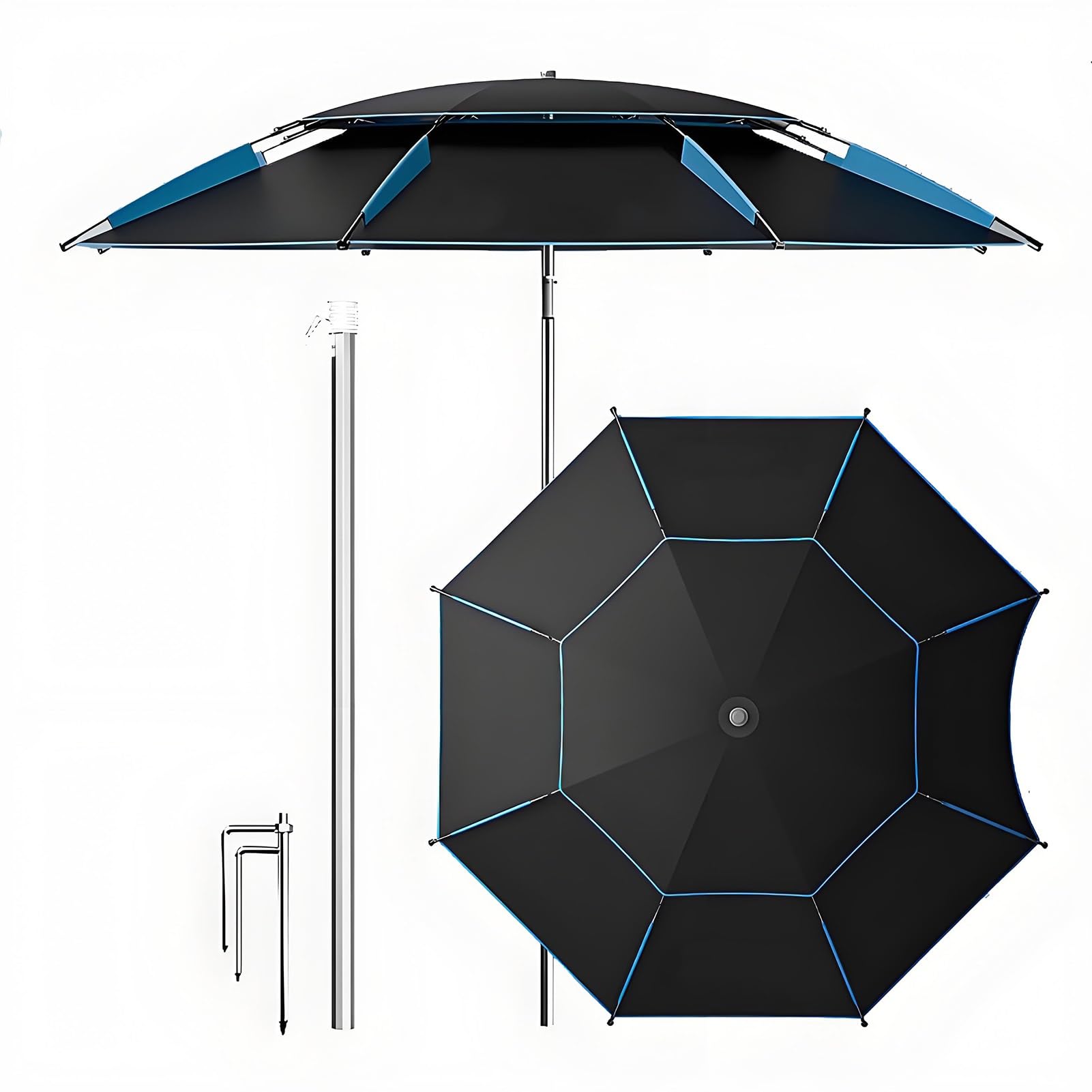 Okrągły Parasol Wędkarski, Wentylowany Daszek Przeciwsłoneczny z Ochroną UV, Uchylny Parasol Plażowy z Kotwicą Piaskową i Torbą Transportową(260cm/8.5ft)