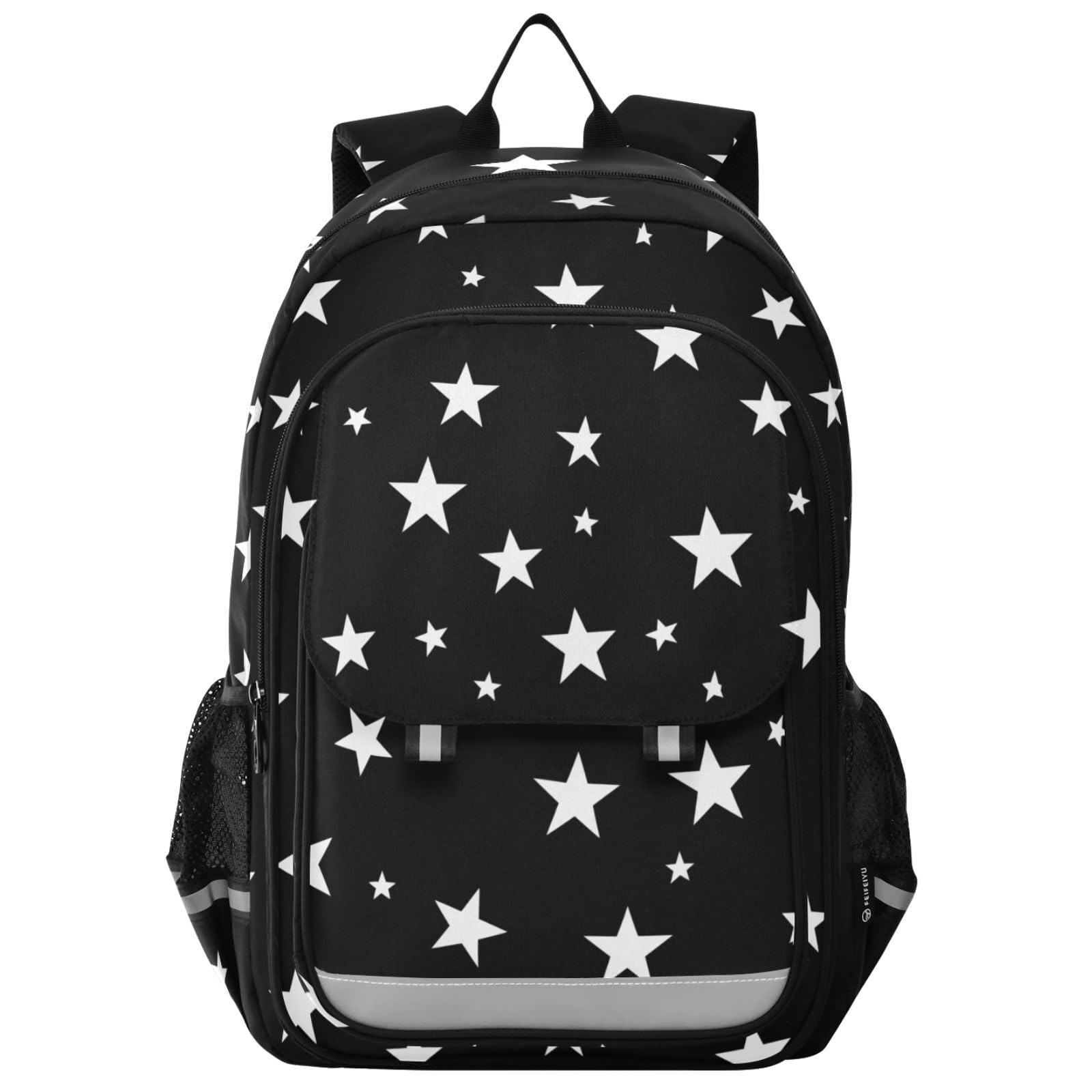 Flap Student Backpack for Children Boys Girls Star Black White Childrens School Bag with Reflective Strip Side Pocket