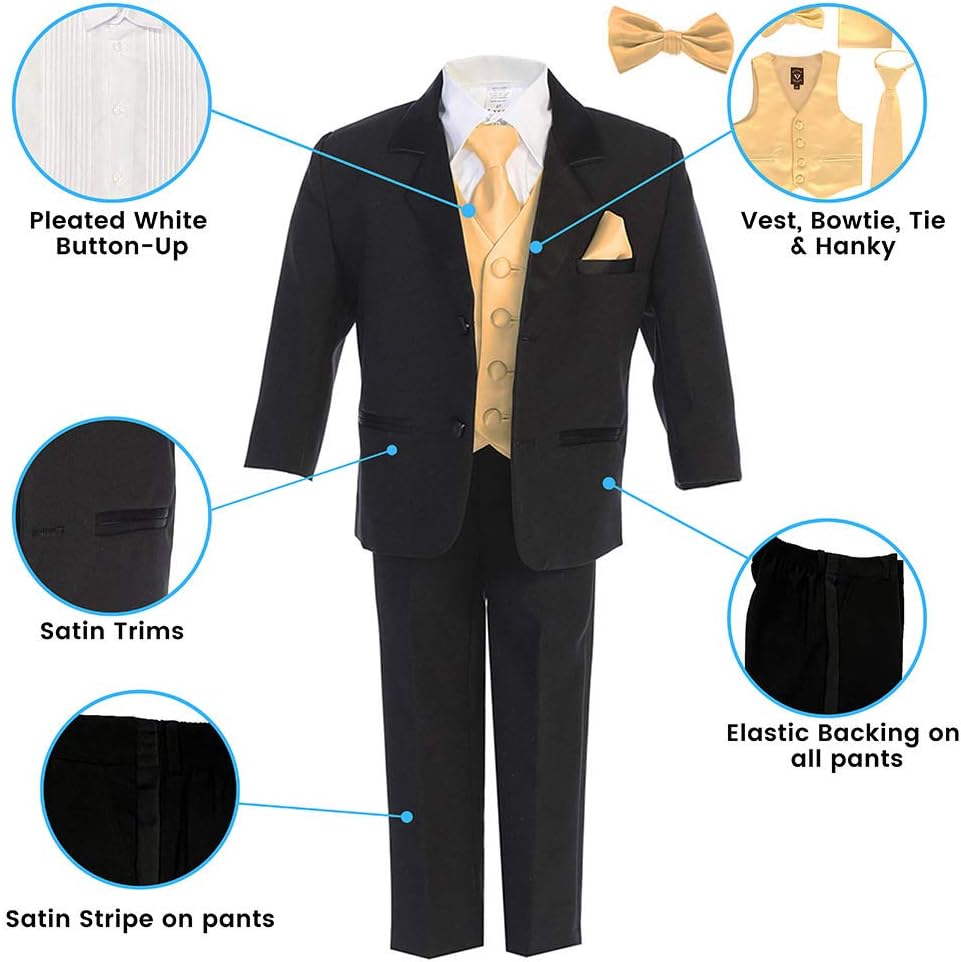 Boys Tuxedo Suit Black with Gold Vest - Toddler Tuxedo for Wedding and Communion - Modern Fit (Size 6)
