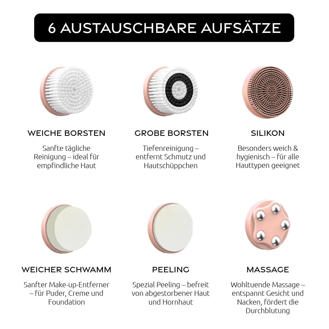 6in1 Set - Elektrische Gesichtsreinigungsbürste, auch für unterwegs, 360 Grad Rotation des Bürstenkopfes, wasserdicht nach IPX6, elektrischer Gesichtsreiniger (Rosa)