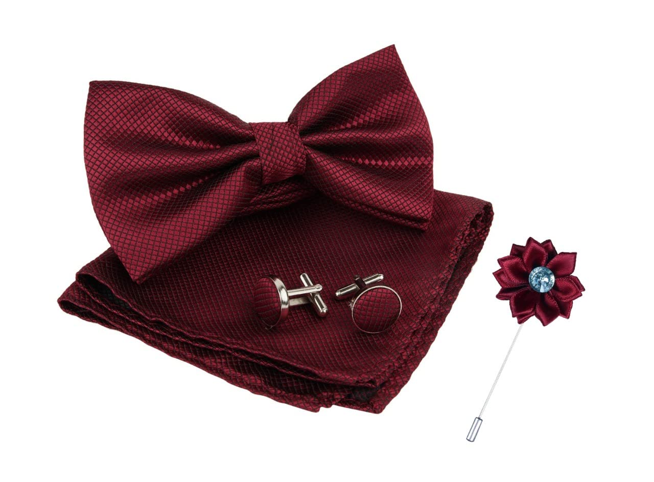 Men's Pre-Tied Microfiber Bow Tie Set with Pocket Square, Cufflinks and Flower Pin