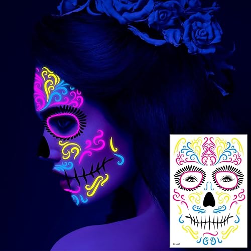 Miniatura 3 de 8 hojas de tatuajes faciales luminosos de Halloween que brillan en la oscuridad del día de los muertos, tatuajes de cara completa, decoraciones