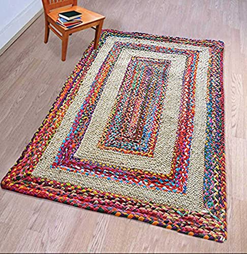 Image of Jute Braided Natural Hand Woven & Reversible Rug for Living Room Kitchen Entryway, Farmhouse Rustic Burlap Carpet Floor Mat (cottjuterect, 6X9-feet)