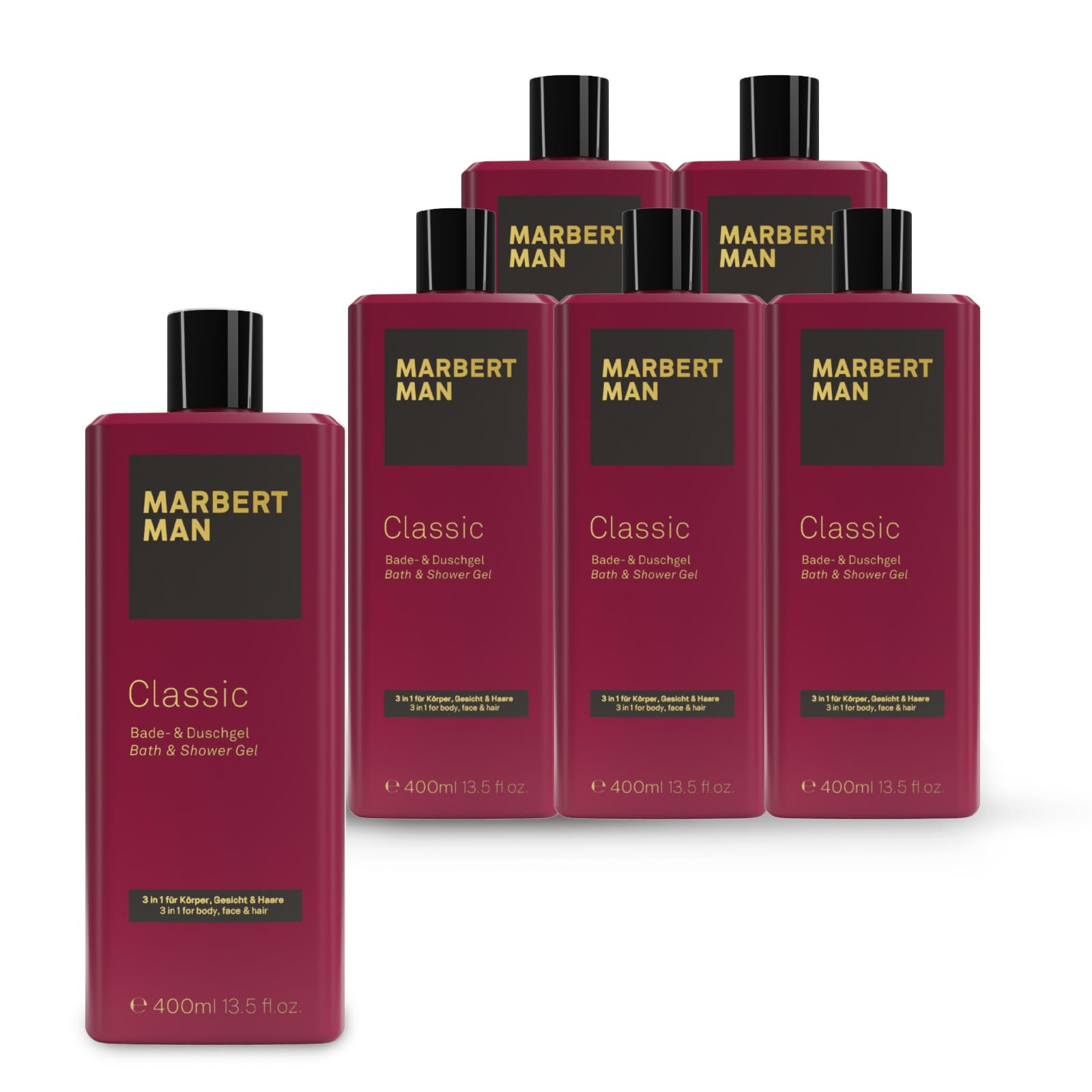 Marbert Man Classic 6 x 400 ml – Bade- & Duschgel mit klassisch-maskulinem Duft – Sanfte Reinigung für Haut & Haare – Für ein erfrischtes Hautgefühl