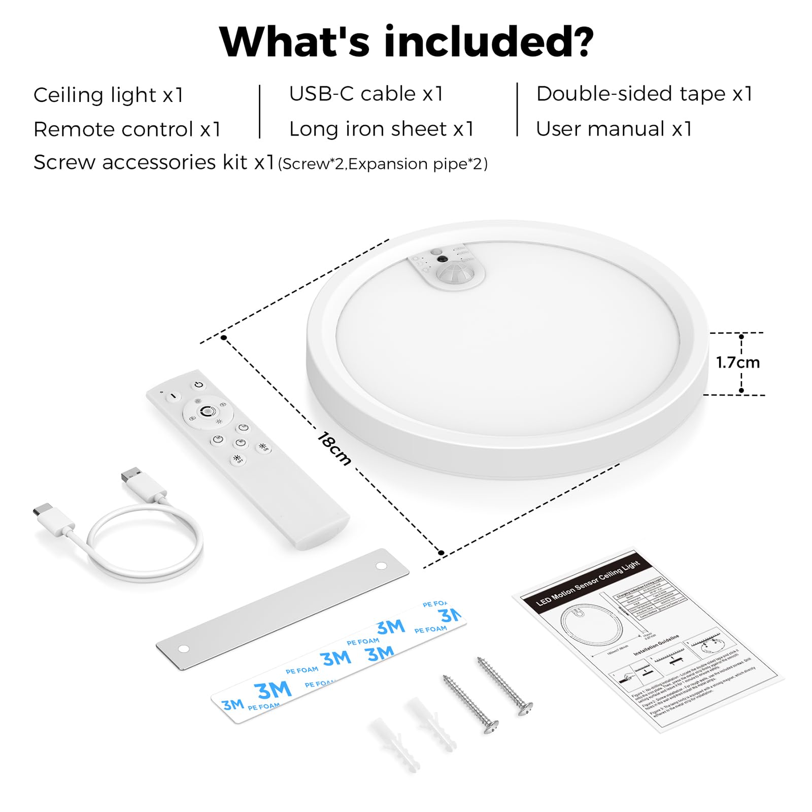 plafon con sensor de movimiento, batería recargable de 7000mAh, 3 temperaturas de color, regulable en brillo, con control remoto con temporizador, adecuada para baños, pasillos, garajes（1 pcs）