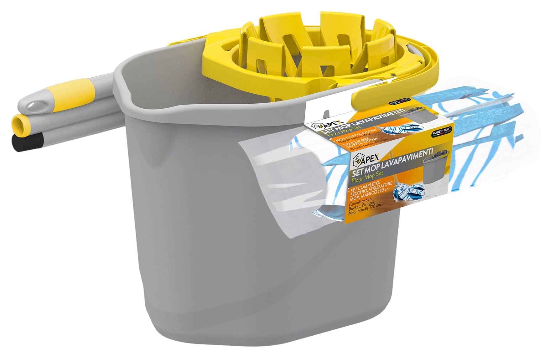 Apex Set Mop Lavapavimenti Completo con Secchio e Strizzatore Doppia Azione – Mop in Microfibra con Manico 120 cm, Capacità Secchio 12 Litri