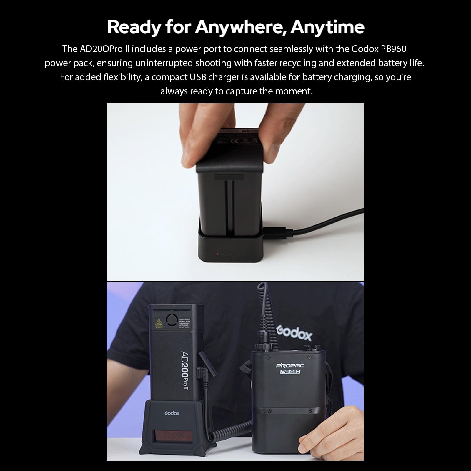 Godox AD200ProII Verbesserter TTL 200 W Blitzköpfe mit Bi-Einstelllicht | 500 Blitze, 1/8000 s HSS, 5800 ± 200 K, 0,01–1,8 Sekunden Ladezeit, Leistungsregelung in 1/512-Stufen, Farbsignalleuchte
