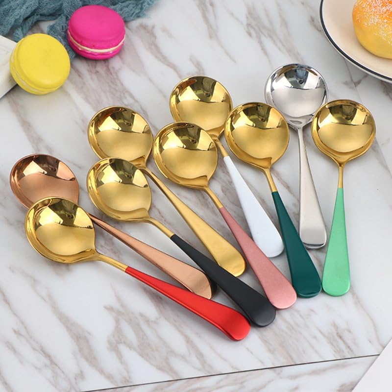 Silverware Flatware Set, 1/4/6/8 Pieces 304 Stainless Steel Creative Round Head Spoons For Restaurants And Home Dessert Spoons (Color : White Gold, Size : 8Pcs)